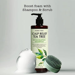PHARM TO TABLE Tea Tree Shampoo mint splash visual for awakening sensations and scalp soothing.