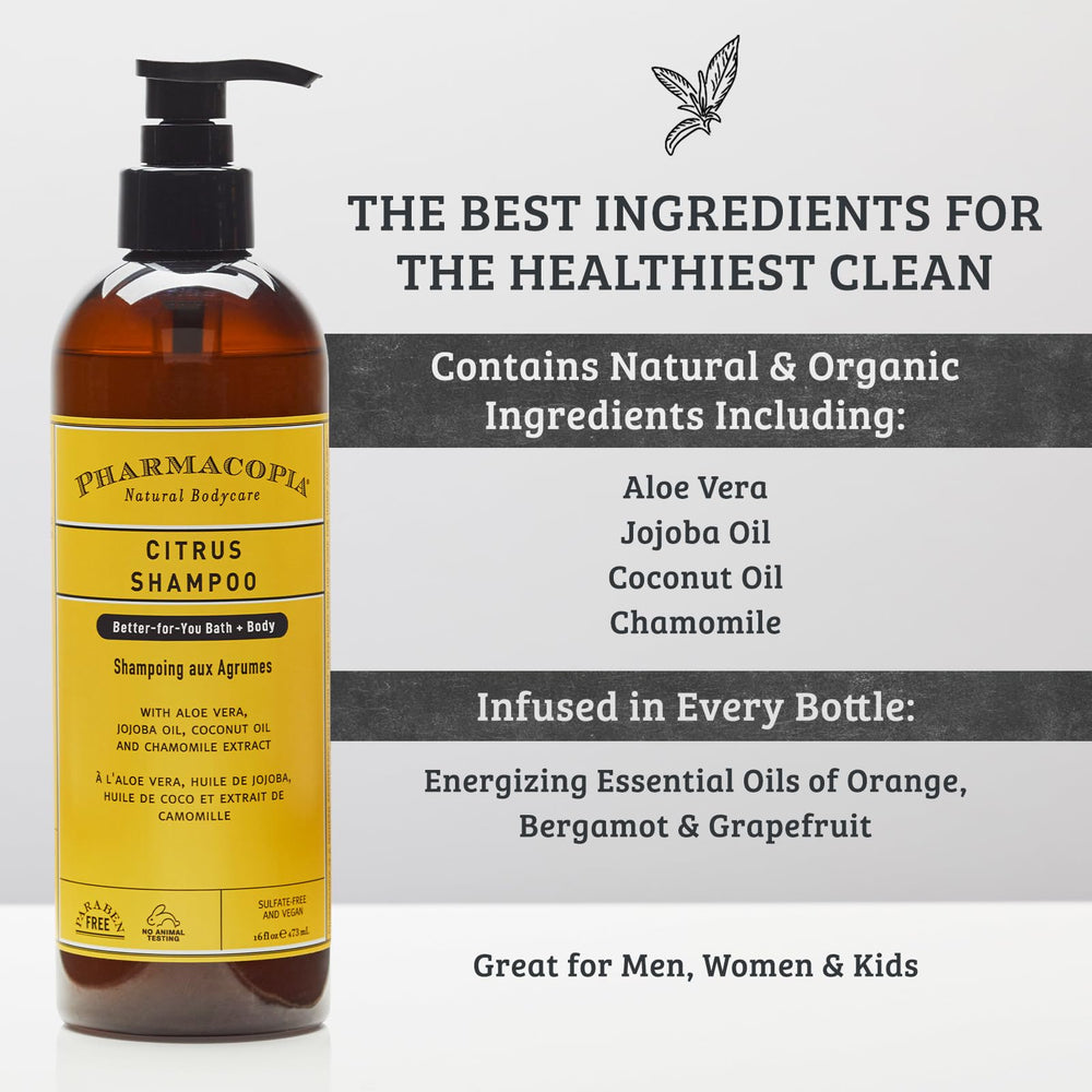 Pharmacopia Citrus Shampoo bottle surrounded by aloe vera leaves for moisture-rich care