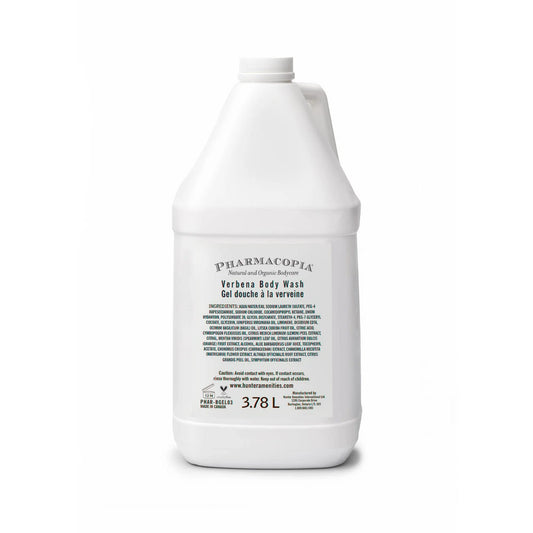Pharmacopia Hotel Verbena bottle front, vegan body wash branding for daily use.