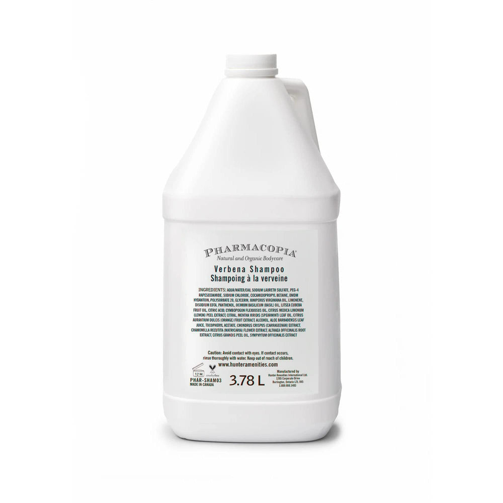 Pharmacopia Hotel Verbena Shampoo bottle highlights natural ingredients for daily hair nourishment.