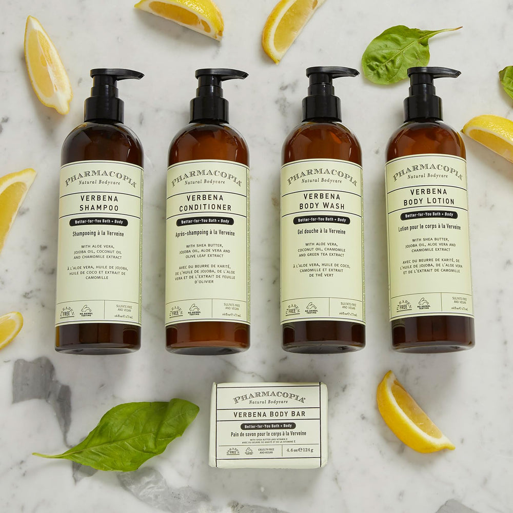 Pharmacopia Verbena Conditioner packaging and bottle in sustainable design context.