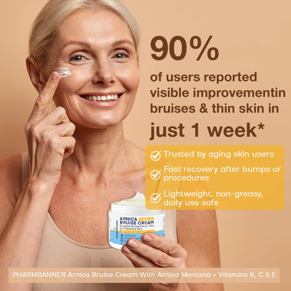 PHARMBANNER Arnica Cream jar back reveals ingredients and usage guidance.