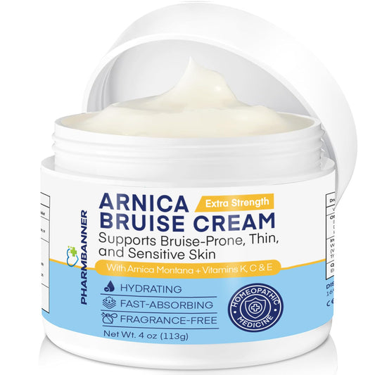 PHARMBANNER Arnica Cream jar front shows premium bruise care for sensitive skin.