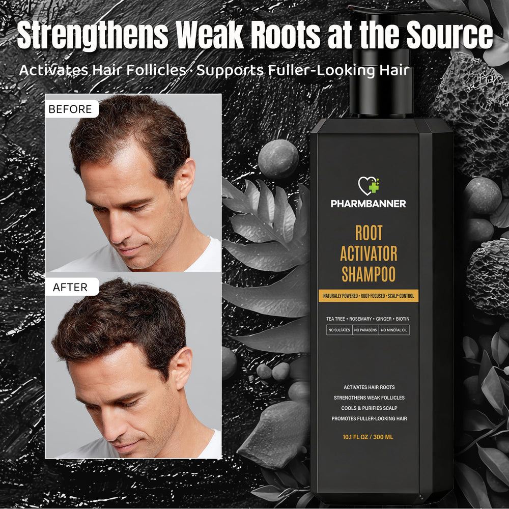 PHARMBANNER label closeup highlights natural herbal blend for scalp vitality.