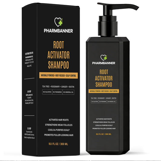 PHARMBANNER Root Activator Shampoo bottle shows a sulfate-free daily cleansing formula.