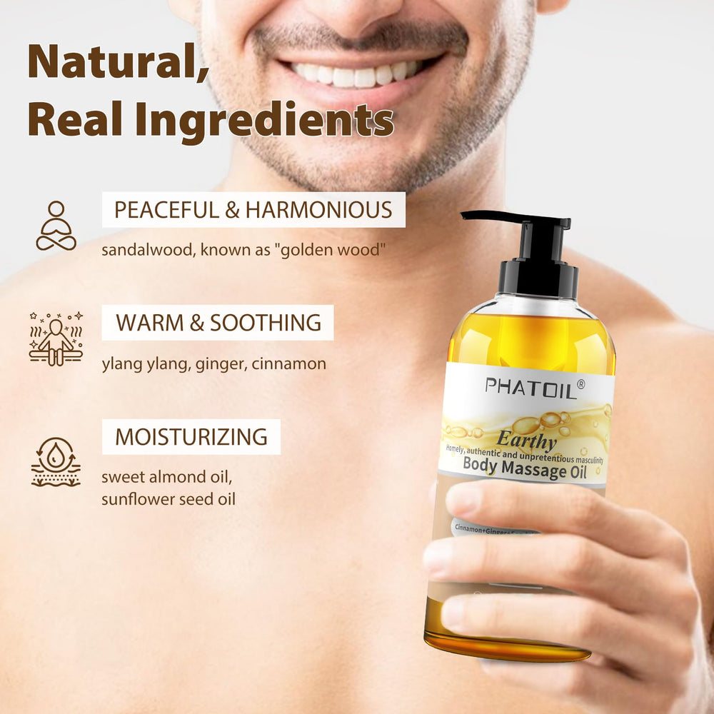 PHATOIL Sandalwood Body Oil application hands shows massage for nourishment.