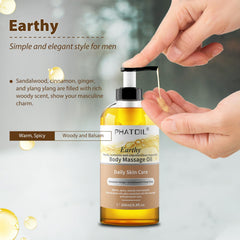 PHATOIL Sandalwood Body Oil label close-up highlights natural ingredients.