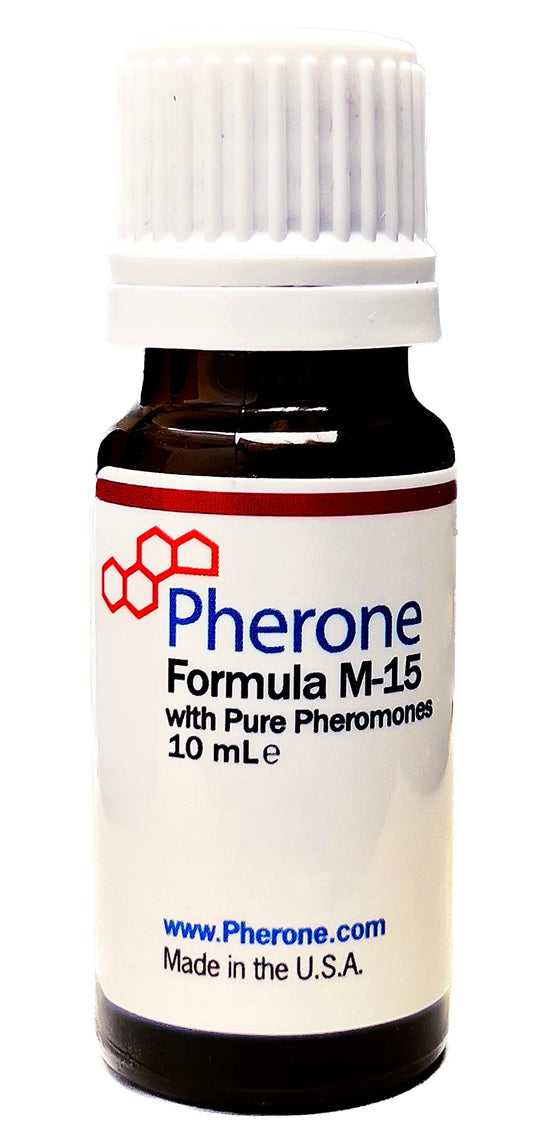 Pherone Formula M-15 bottle close-up highlighting premium pheromone blend for confident appeal