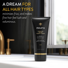 PHILIP B Forever Shine Conditioner close-up shows glossy hair and sleek finish