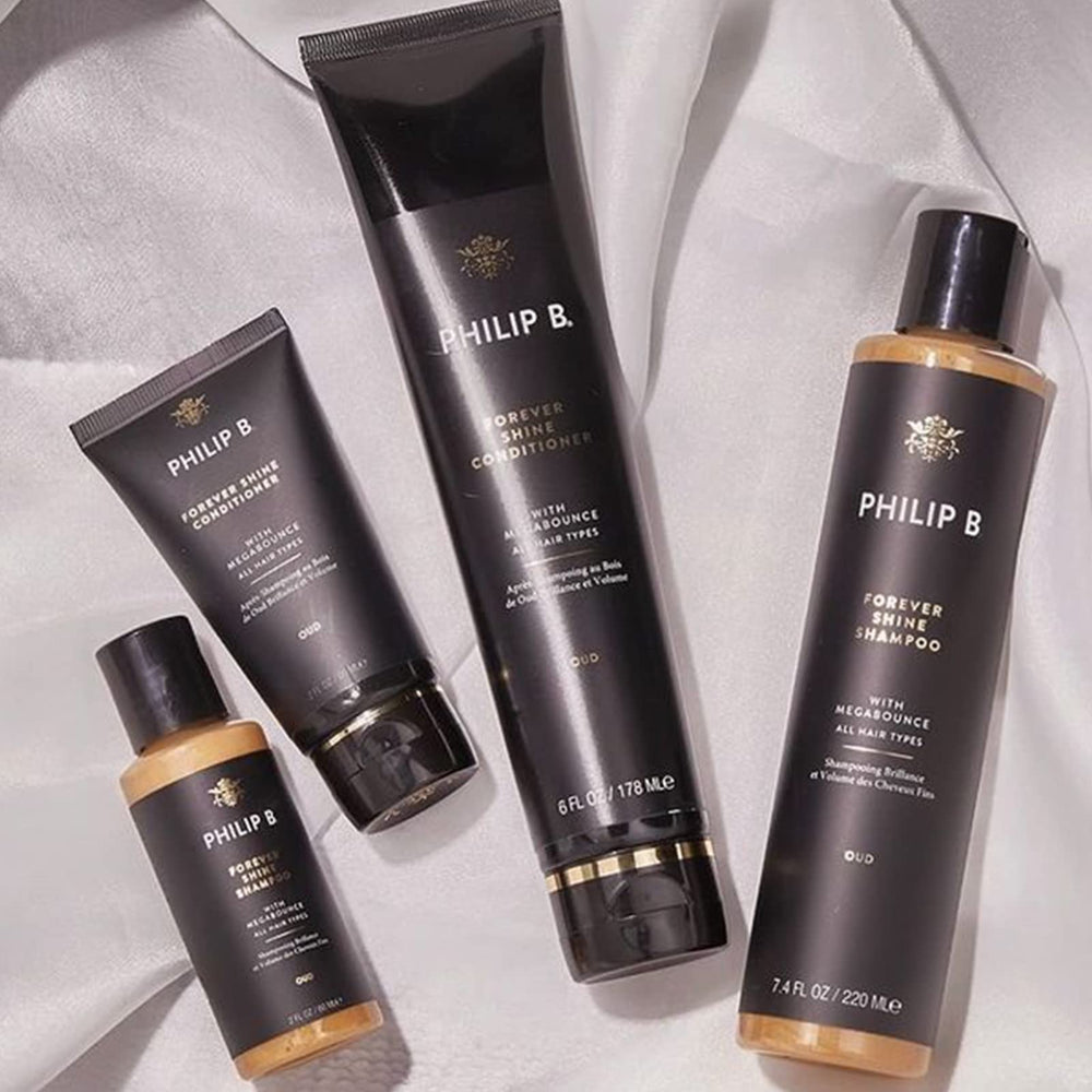 PHILIP B Forever Shine Shampoo color-safe formula on a display