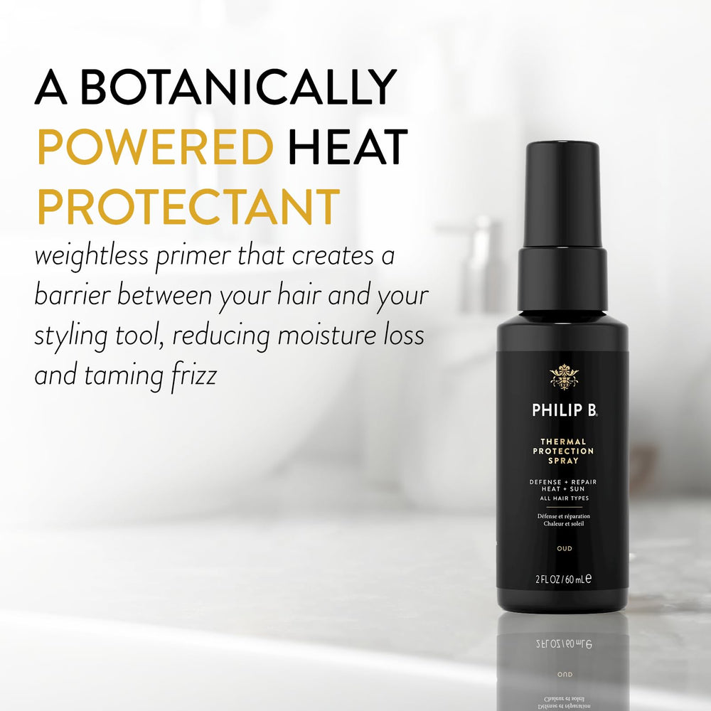 PHILIP B Thermal Protection Spray in use as a pre-styling primer for smooth texture.