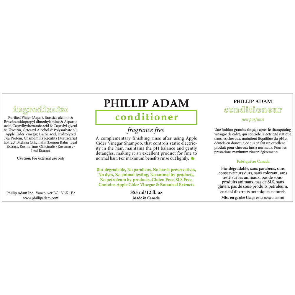 Close-up of Phillip Adam label emphasizing unscented formula for sensitive skin