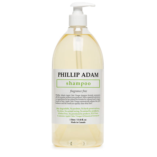 Phillip Adam fragrance-free shampoo bottle shows gentle cleansing for sensitive scalps.
