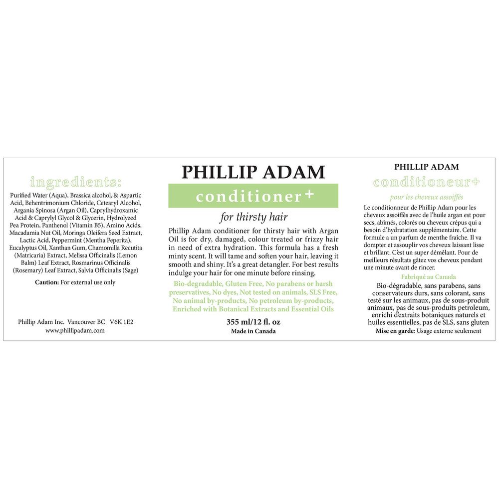 Phillip Adam Thirsty Hair Conditioner label close-up shows vegan, paraben-free formula for healthier hair
