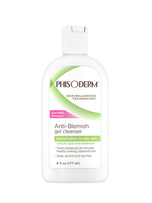 Phisoderm Anti-Blemish Gel Cleanser bottle front shows oil-control and clear-looking skin