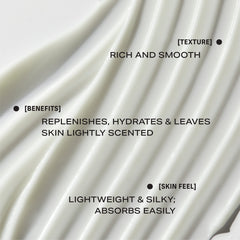 PHLUR Missing Person Body Lotion texture closeup showing silky hydration for dry skin