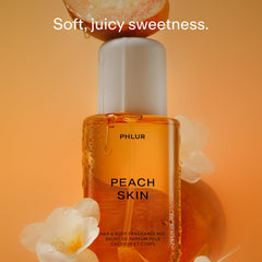 PHLUR Peach Skin Body Mist label close-up highlighting ingredients transparency