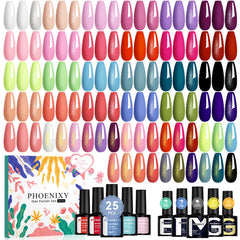 Phoenixy gel nail polish set with 25 colors in a colorful bottle display for versatile looks.
