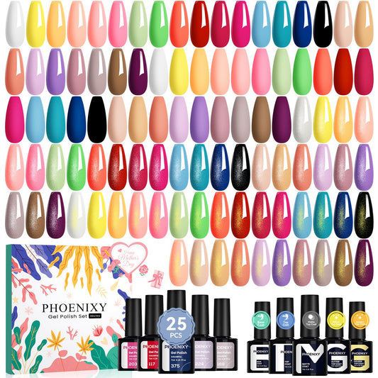 Phoenixy gel nail polish set with 25 colors for versatile all-season looks.
