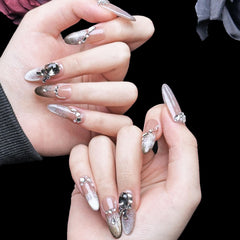 PHYLIN LEAF press-on nails almond shape with black crystals for elegant daily wear