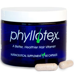 Phyllotex hair growth vitamins bottle showing daily support for hair health