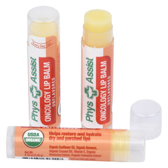 PhysAssist Oncology Lip Balm 3-pack packaging on shelf.