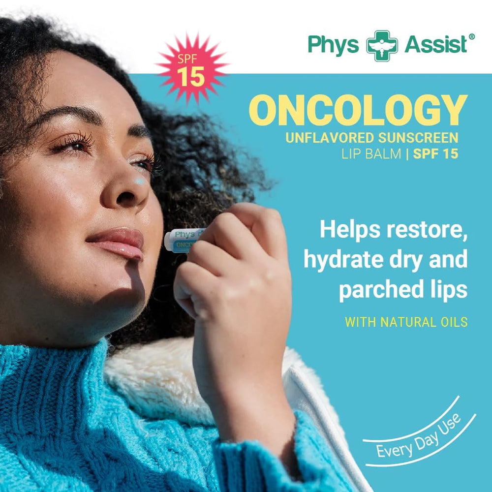 PhysAssist Oncology SPF15 lip balm 3-pack ready for travel and daily care.