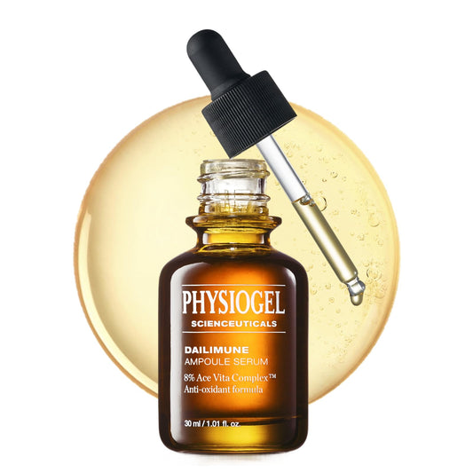 PHYSIOGEL Vitamin C serum bottle close-up shows barrier support and soothing hydration.