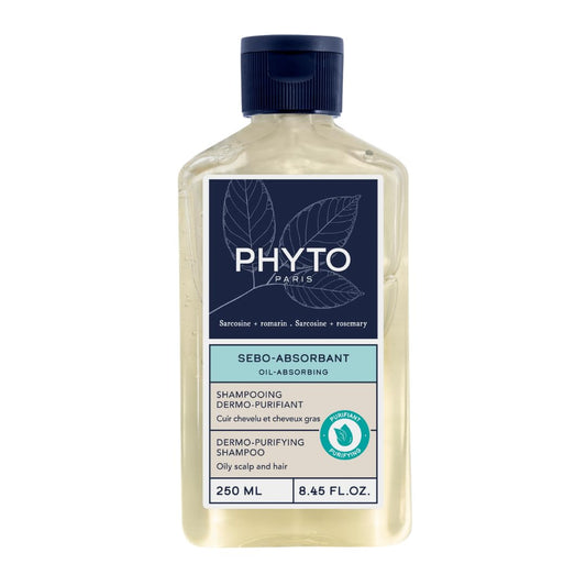 PHYTO oil-absorbing shampoo bottle delivers a refreshing cleanse for oily scalps.