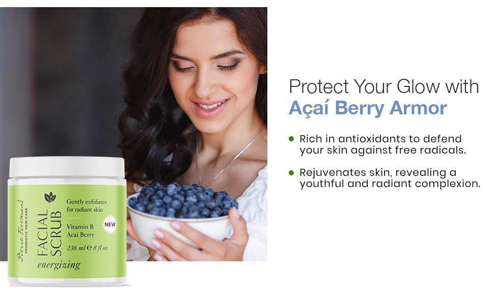 Açaí berry boost in Pierre Freeman's Energizing Facial Scrub suggests antioxidant protection.