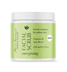 Pierre Freeman's Energizing Facial Scrub bottle close-up highlighting probiotic formula for balanced skin.