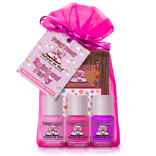 Piggy Paint Rainbow Party packaging showing 3 non-toxic polishes and nail art for kids.