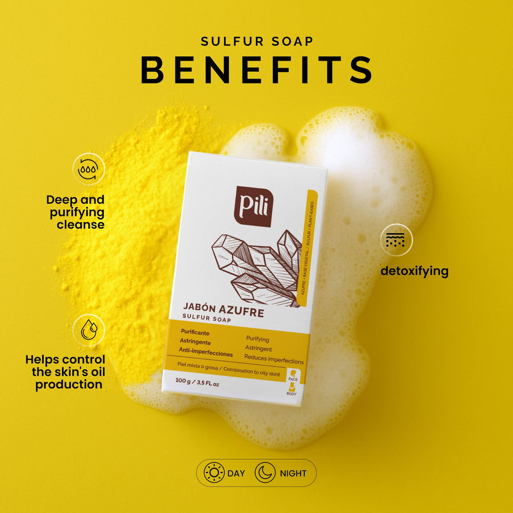 Pili Natural sulfur soap bar closeup texture reveals surface detail