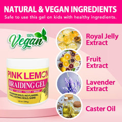 PINK LEMON Braiding Gel dries quickly without stiffness or crunch.