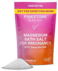 Pink Stork Pregnancy Bath Soak bottle front with unscented Dead Sea magnesium flakes for relaxation