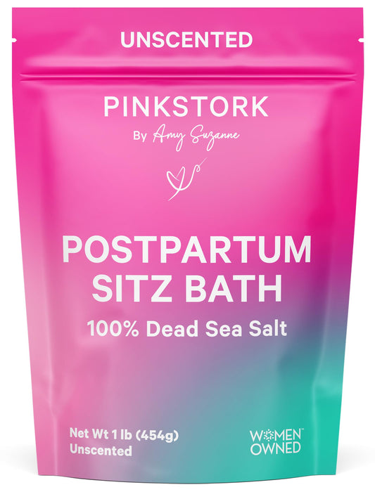 Pink Stork Postpartum Sitz Bath Soak packaging on shelf for postpartum perineal care.