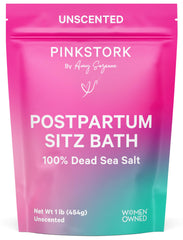 Pink Stork Postpartum Sitz Bath Soak packaging on shelf for postpartum perineal care.