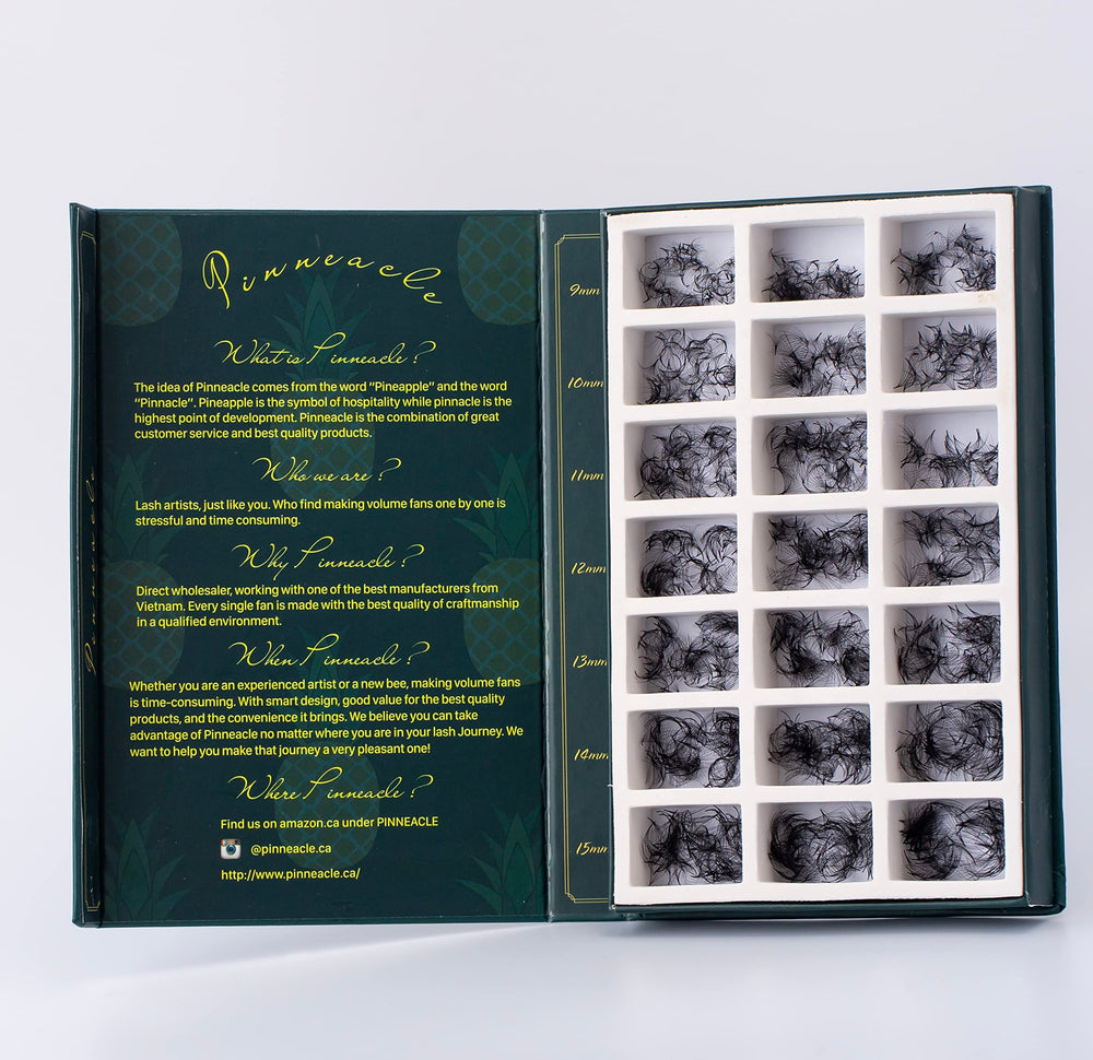 Pinneacle 2100 premade fans in a box for quick, consistent lash sets.