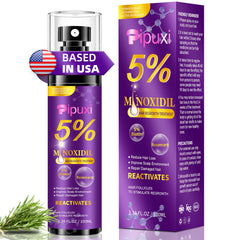 Pipuxi minoxidil spray bottle highlighting the 5% formula for hair growth support.