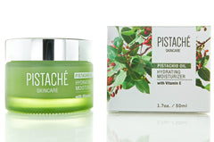 Pistaché Skincare ingredient panel highlights pistachio oil and vitamin E for nourishment.