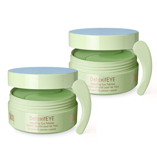 Pixi DetoxifEYE 2-Pack depuffing patches applied under the eyes for refreshed skin