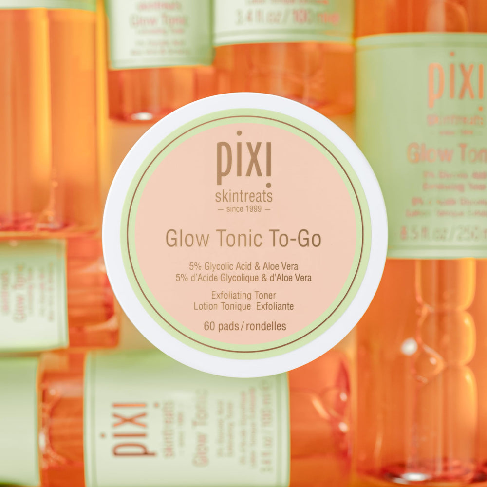 Pixi Glow Tonic to-Go applied on the face with a cotton pad for fresh radiance.