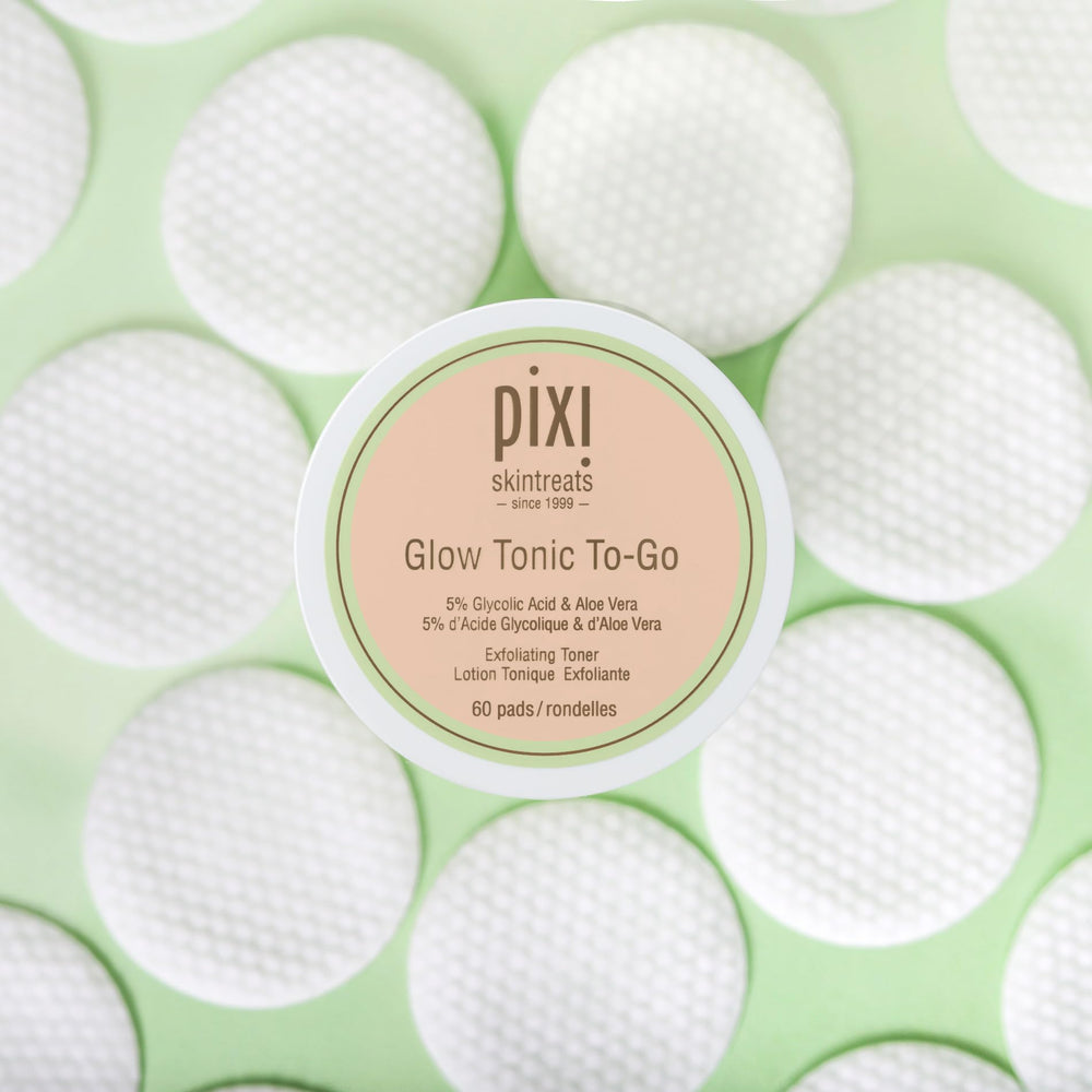 Pixi Glow Tonic to-Go pads saturated with glycolic formula gently polish skin.