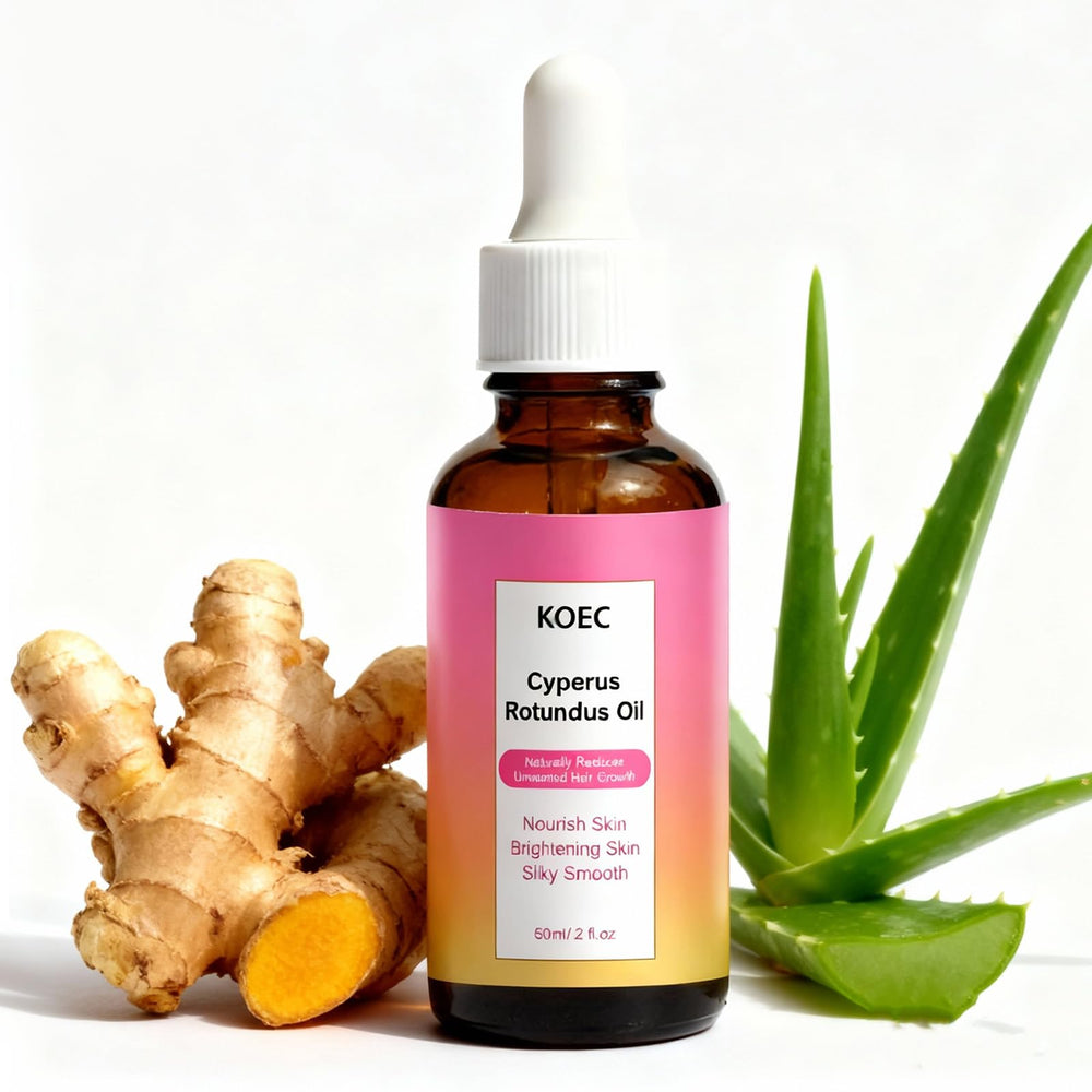 PKQLQ Organic Cyperus Rotundus Oil packaging on shelf, natural roots emphasis.