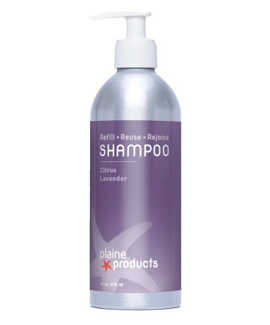Plaine Products Citrus Lavender shampoo bottle with pump for sustainable hair care.