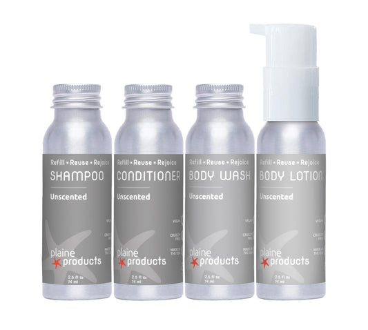 Plaine Products travel-size shampoo bottle, refillable, eco-friendly and gentle cleansing.