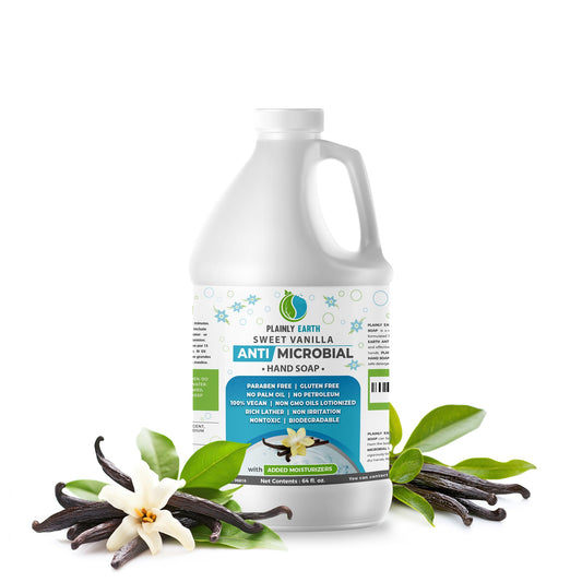Plainly Earth antimicrobial hand soap bottle with vanilla scent for smooth hands