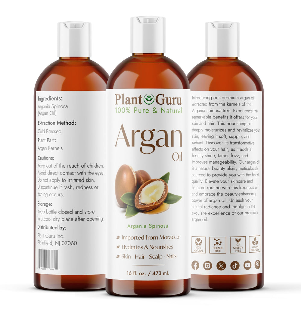 Plant Guru Argan Oil close-up bottle highlights purity for everyday nourishment.