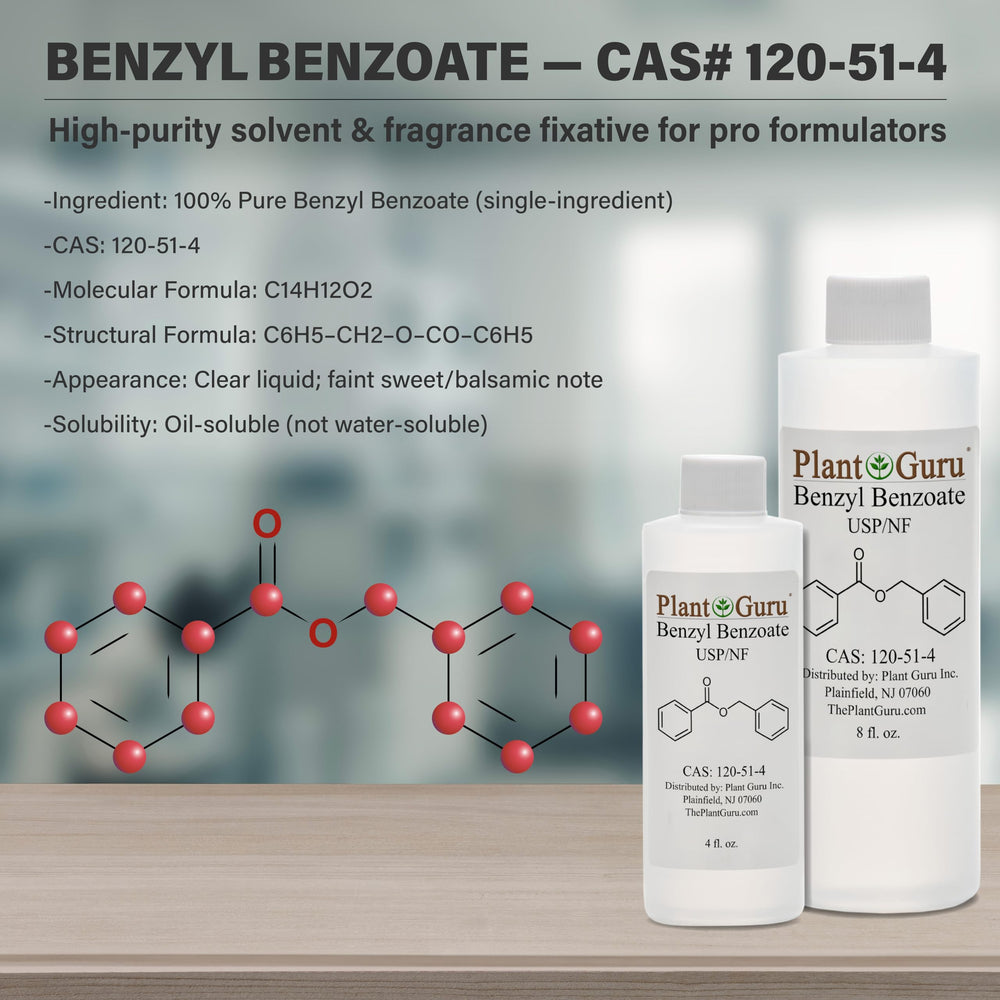 Label view of Plant Guru Benzyl Benzoate USP grade packaging