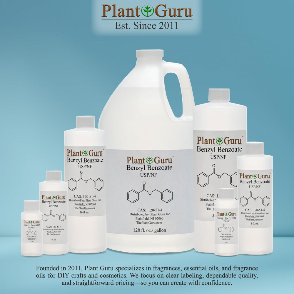 Storage container showing Plant Guru Benzyl Benzoate storage guidance